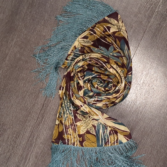 Long Fringe Boho Scarf Teal & Brown Floral Sheer Metallic Stripes 67" Wrap - Picture 10 of 12